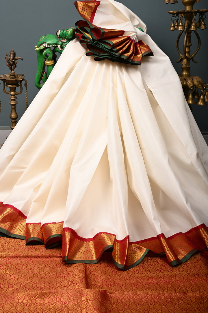 Off White Korvai Kanjivaram Pure Silk Saree with Contrast Zari Border | SILK MARK CERTIFIED | SHOBITAM