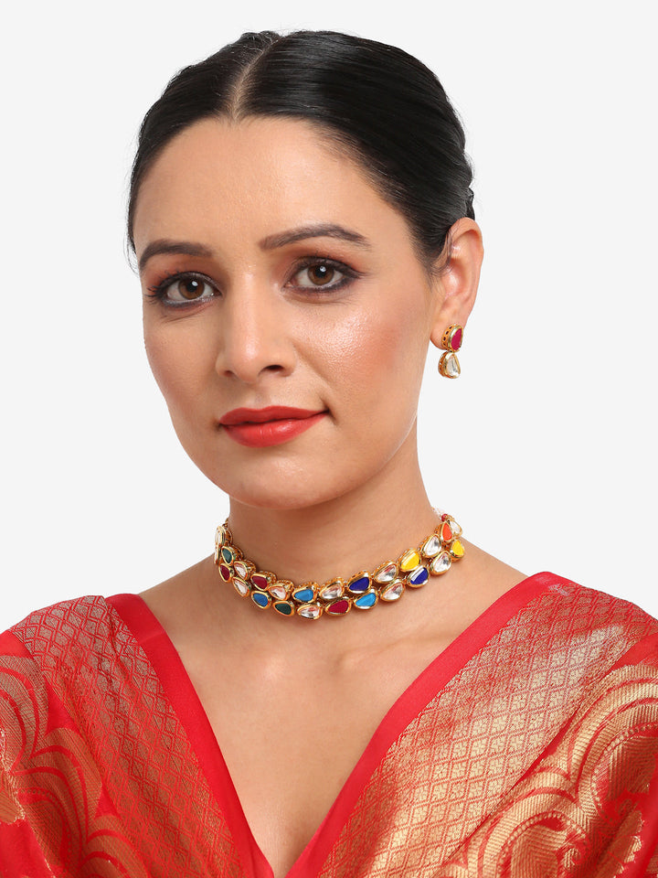 Multi Kundan Choker with Earrings | SHOBITAM