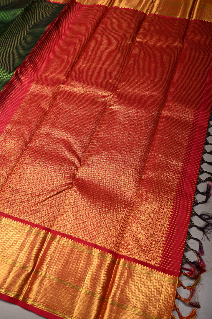 Bottle Green Kanjivaram Pure Silk Saree with Podi-Kattam Zari Checks and Contrast Zari Border | SILK MARK CERTIFIED | SHOBITAM