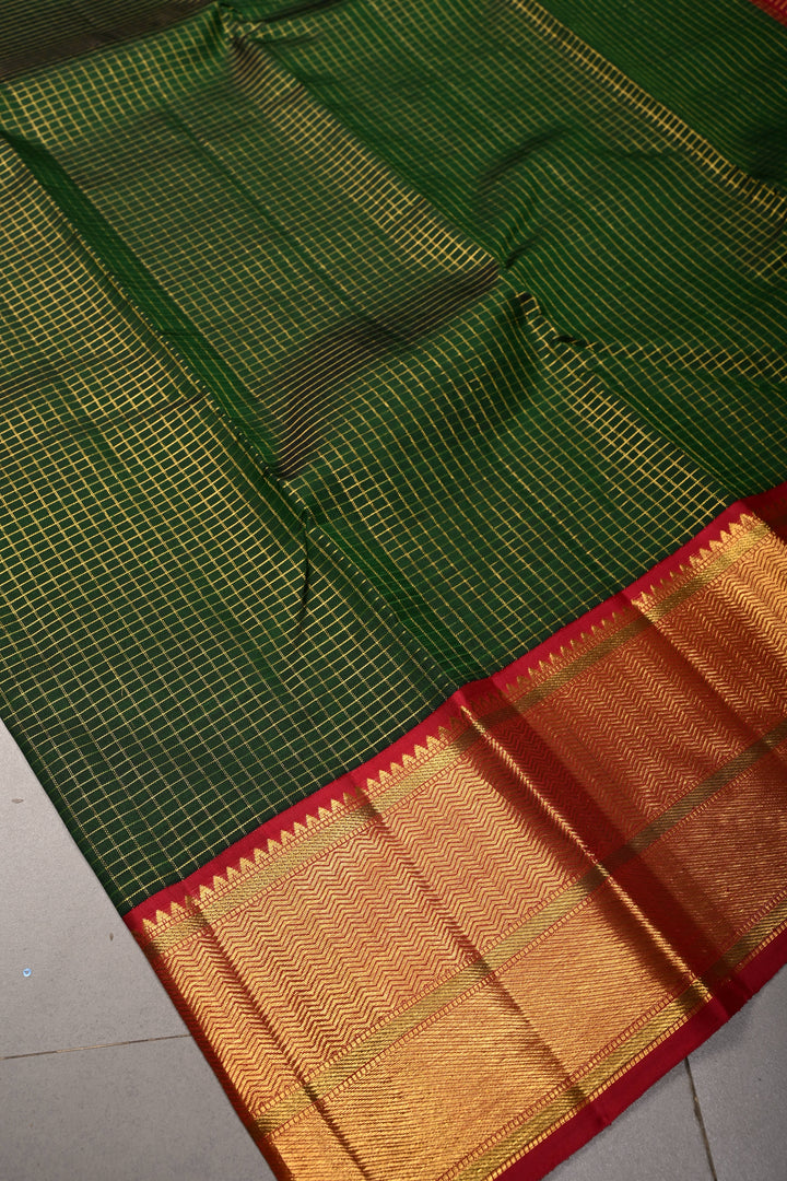Bottle Green Kanjivaram Pure Silk Saree with Podi-Kattam Zari Checks and Contrast Zari Border | SILK MARK CERTIFIED | SHOBITAM
