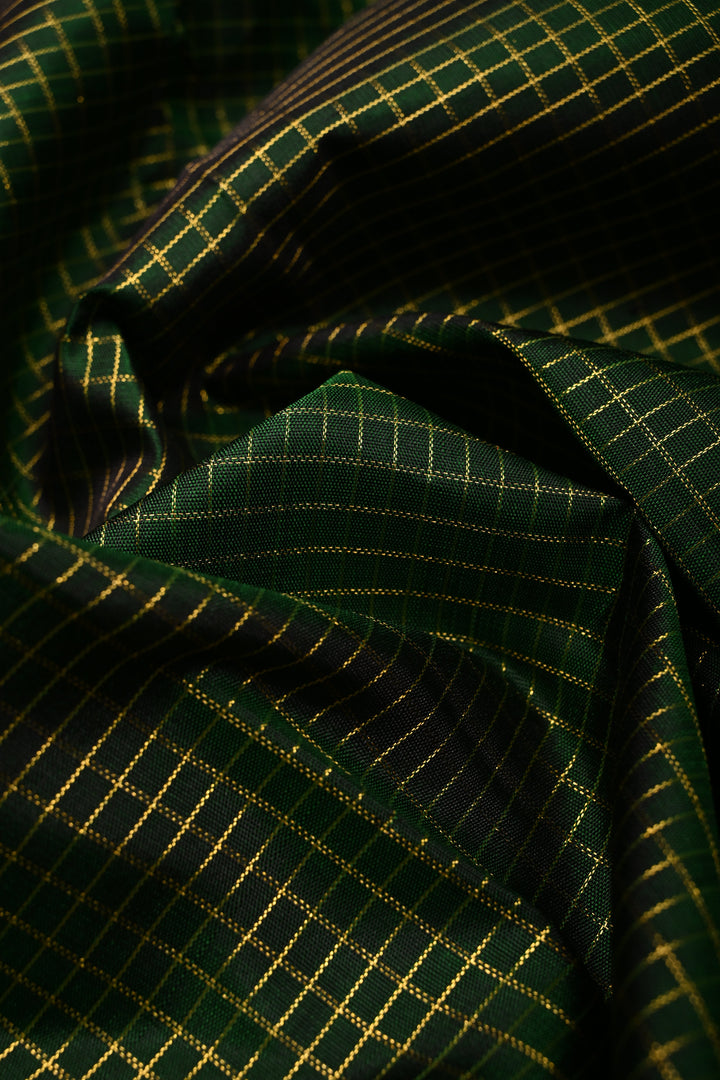 Bottle Green Kanjivaram Pure Silk Saree with Podi-Kattam Zari Checks and Contrast Zari Border | SILK MARK CERTIFIED | SHOBITAM