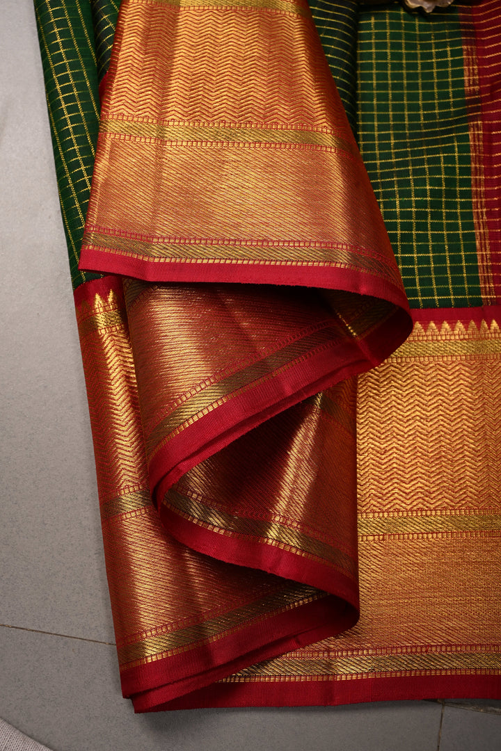Bottle Green Kanjivaram Pure Silk Saree with Podi-Kattam Zari Checks and Contrast Zari Border | SILK MARK CERTIFIED | SHOBITAM