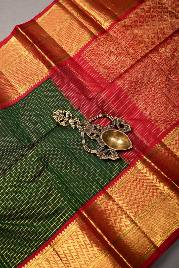 Bottle Green Kanjivaram Pure Silk Saree with Podi-Kattam Zari Checks and Contrast Zari Border | SILK MARK CERTIFIED | SHOBITAM