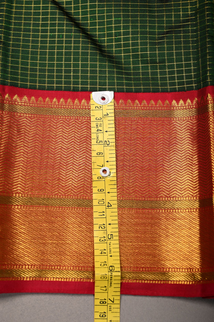 Bottle Green Kanjivaram Pure Silk Saree with Podi-Kattam Zari Checks and Contrast Zari Border | SILK MARK CERTIFIED | SHOBITAM