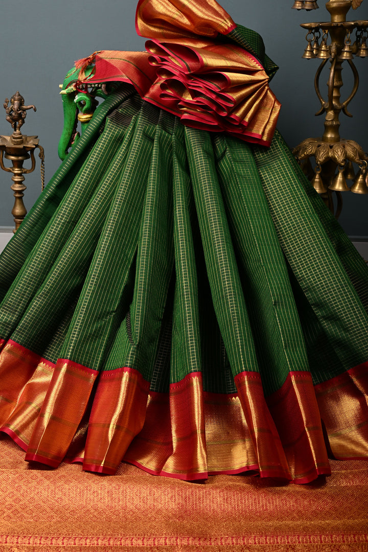 Bottle Green Kanjivaram Pure Silk Saree with Podi-Kattam Zari Checks and Contrast Zari Border | SILK MARK CERTIFIED | SHOBITAM