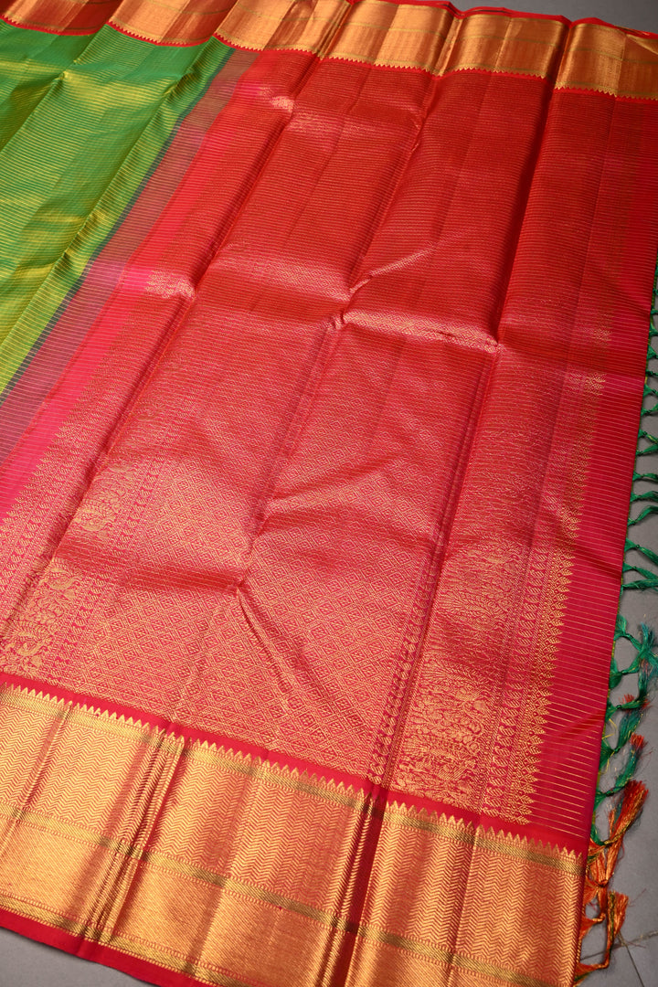 Chartreuse Korvai Kanjivaram Pure Silk Saree with Podi-Kattam Zari Checks and Contrast Zari Border | SILK MARK CERTIFIED | SHOBITAM