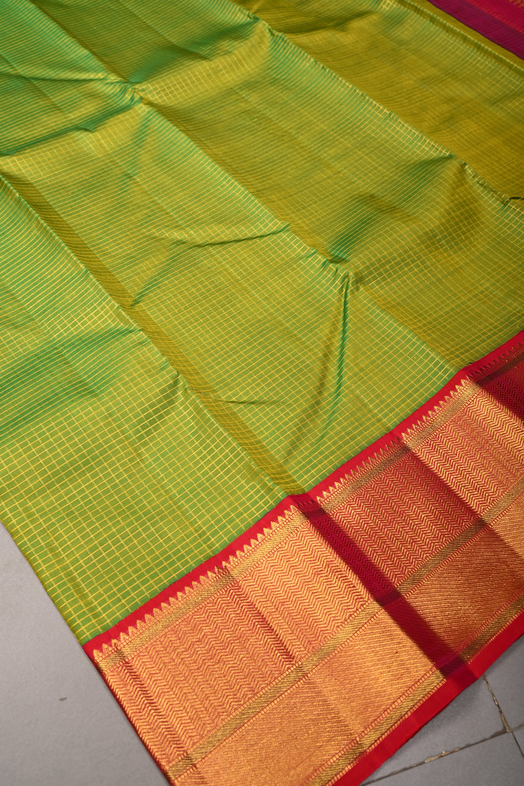 Chartreuse Korvai Kanjivaram Pure Silk Saree with Podi-Kattam Zari Checks and Contrast Zari Border | SILK MARK CERTIFIED | SHOBITAM