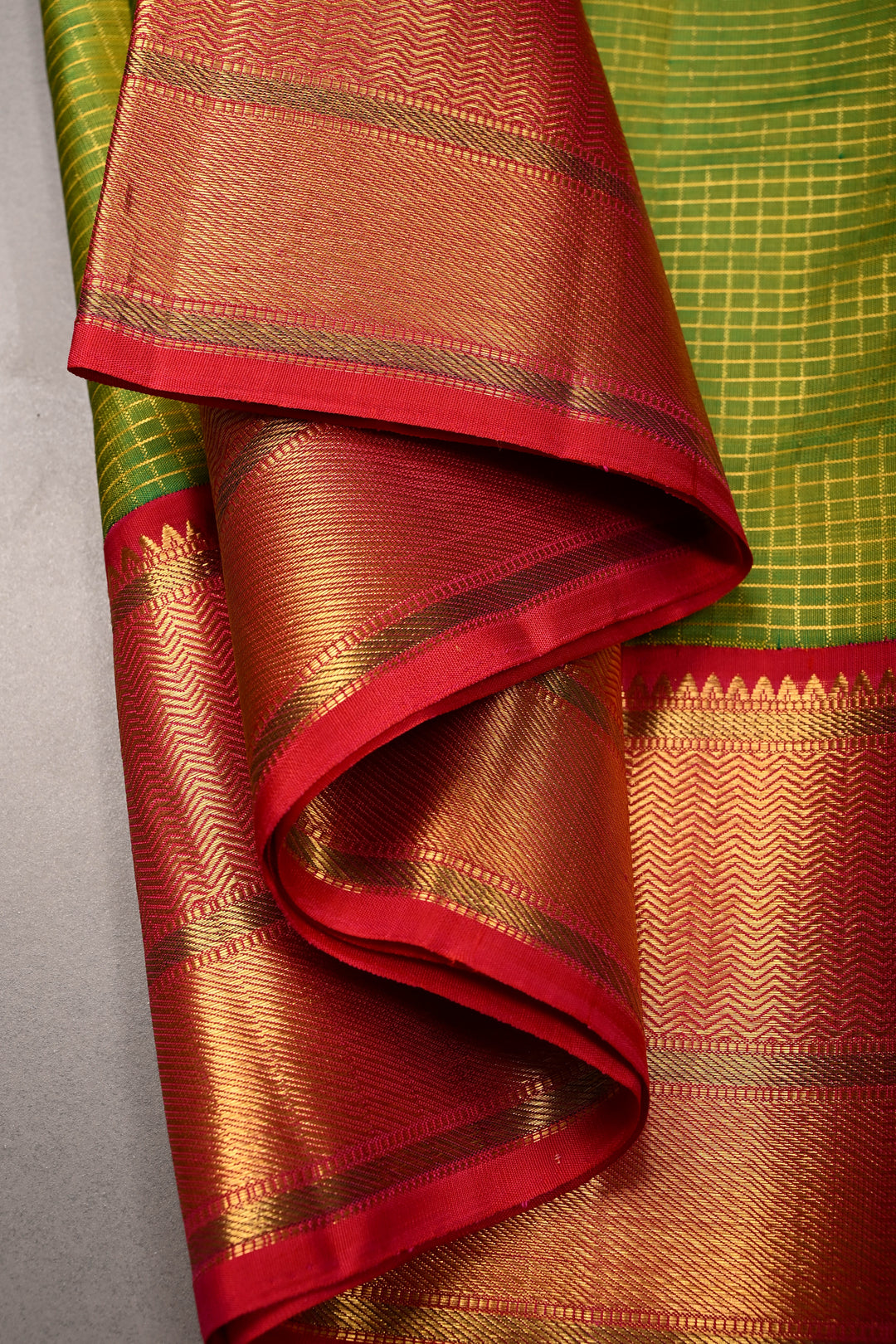 Chartreuse Korvai Kanjivaram Pure Silk Saree with Podi-Kattam Zari Checks and Contrast Zari Border | SILK MARK CERTIFIED | SHOBITAM