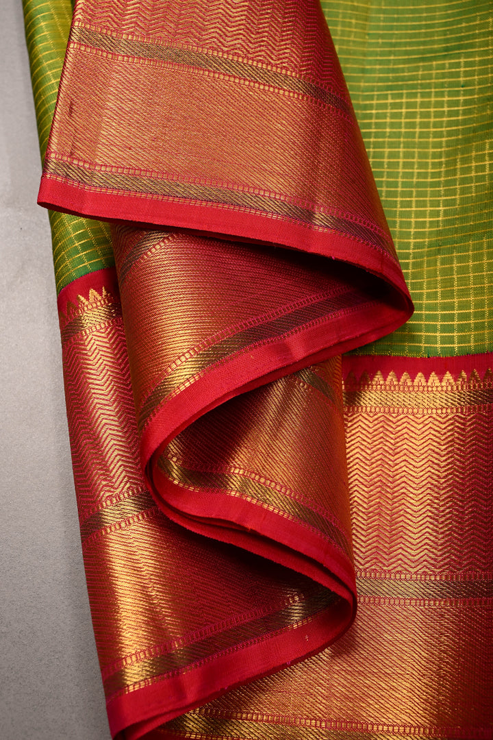 Chartreuse Korvai Kanjivaram Pure Silk Saree with Podi-Kattam Zari Checks and Contrast Zari Border | SILK MARK CERTIFIED | SHOBITAM