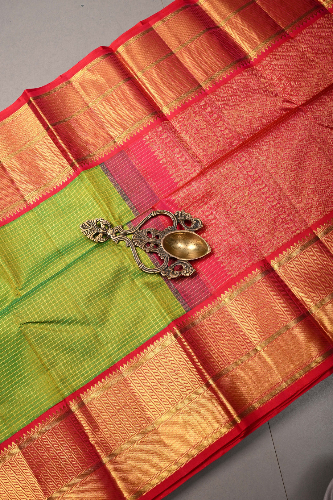 Chartreuse Korvai Kanjivaram Pure Silk Saree with Podi-Kattam Zari Checks and Contrast Zari Border | SILK MARK CERTIFIED | SHOBITAM