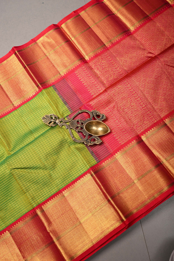 Chartreuse Korvai Kanjivaram Pure Silk Saree with Podi-Kattam Zari Checks and Contrast Zari Border | SILK MARK CERTIFIED | SHOBITAM