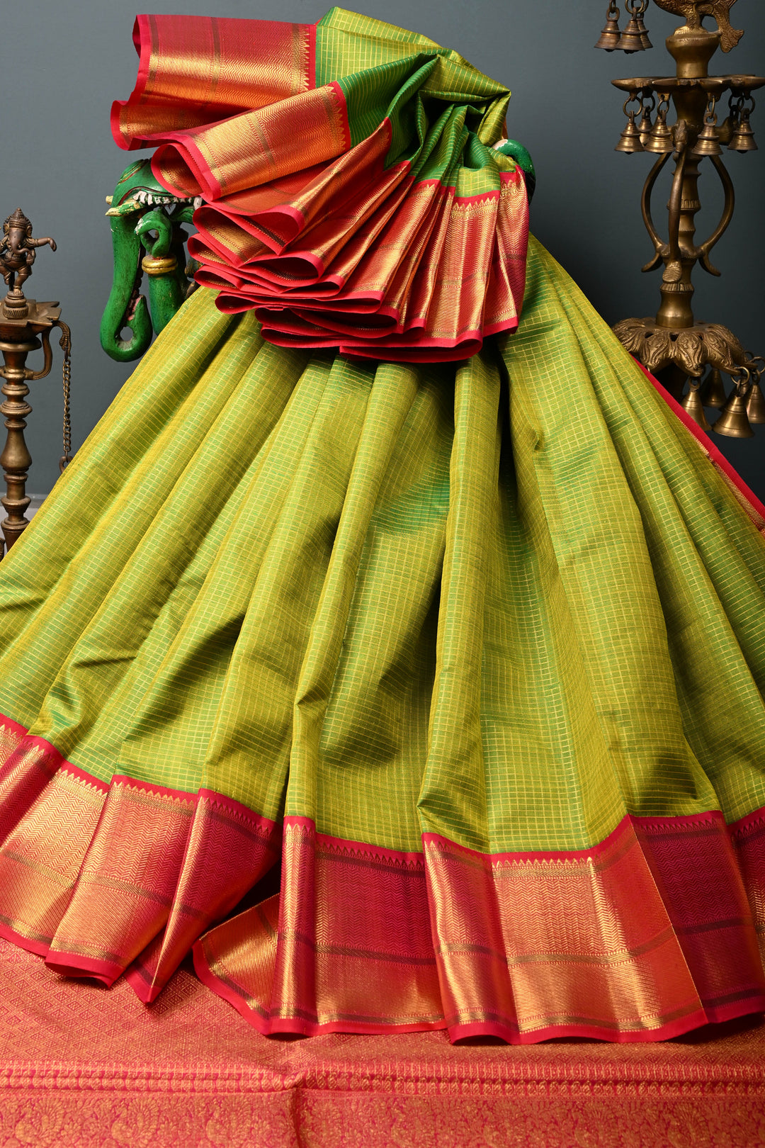 Chartreuse Korvai Kanjivaram Pure Silk Saree with Podi-Kattam Zari Checks and Contrast Zari Border | SILK MARK CERTIFIED | SHOBITAM