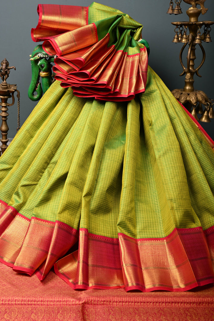 Chartreuse Korvai Kanjivaram Pure Silk Saree with Podi-Kattam Zari Checks and Contrast Zari Border | SILK MARK CERTIFIED | SHOBITAM