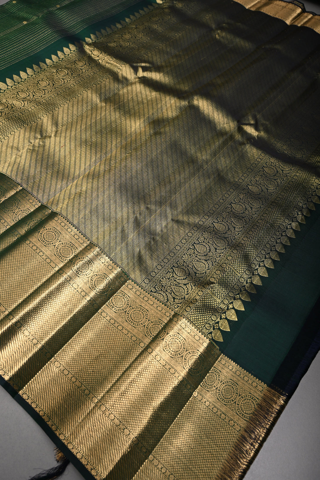 Bottle Green Podi-Kattam Zari Checks Kanjivaram Silk Saree with Zari Buttis and Wide Zari Border | SILK MARK CERTIFIED | SHOBITAM