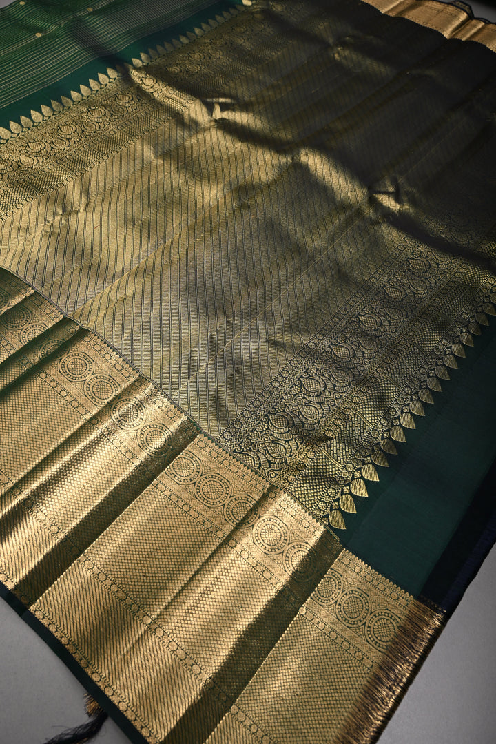 Bottle Green Podi-Kattam Zari Checks Kanjivaram Silk Saree with Zari Buttis and Wide Zari Border | SILK MARK CERTIFIED | SHOBITAM