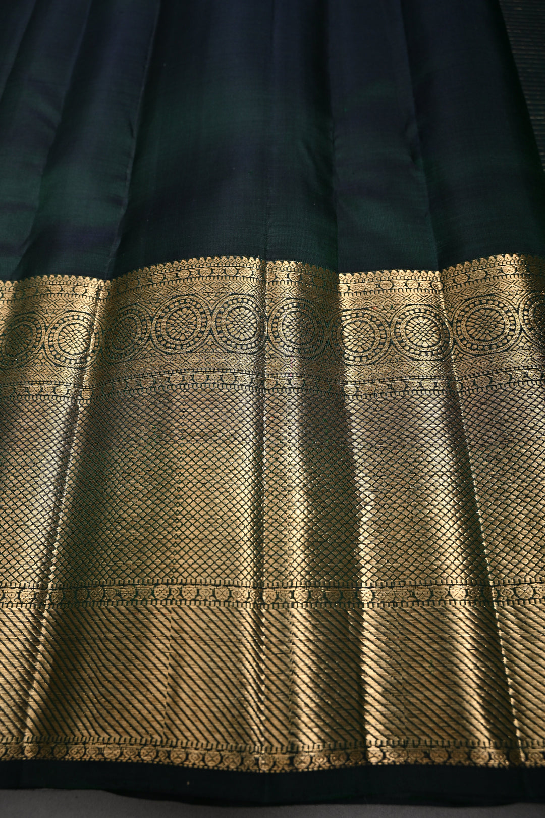 Bottle Green Podi-Kattam Zari Checks Kanjivaram Silk Saree with Zari Buttis and Wide Zari Border | SILK MARK CERTIFIED | SHOBITAM