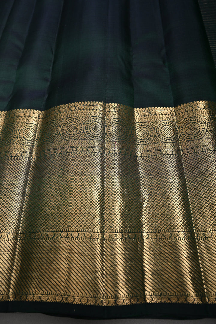 Bottle Green Podi-Kattam Zari Checks Kanjivaram Silk Saree with Zari Buttis and Wide Zari Border | SILK MARK CERTIFIED | SHOBITAM
