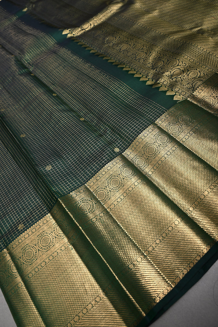 Bottle Green Podi-Kattam Zari Checks Kanjivaram Silk Saree with Zari Buttis and Wide Zari Border | SILK MARK CERTIFIED | SHOBITAM