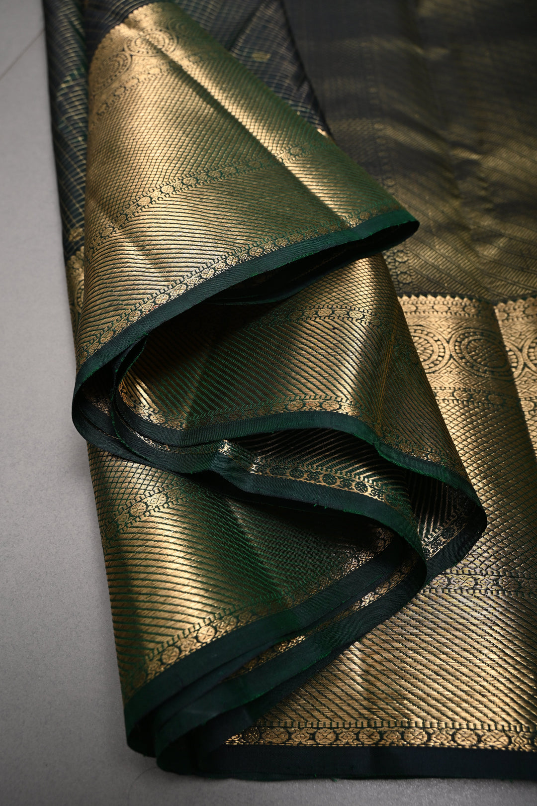 Bottle Green Podi-Kattam Zari Checks Kanjivaram Silk Saree with Zari Buttis and Wide Zari Border | SILK MARK CERTIFIED | SHOBITAM
