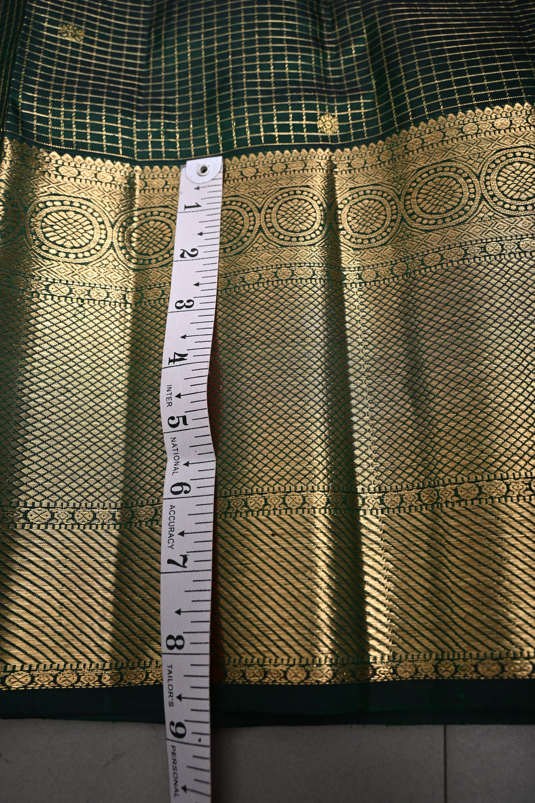 Bottle Green Podi-Kattam Zari Checks Kanjivaram Silk Saree with Zari Buttis and Wide Zari Border | SILK MARK CERTIFIED | SHOBITAM