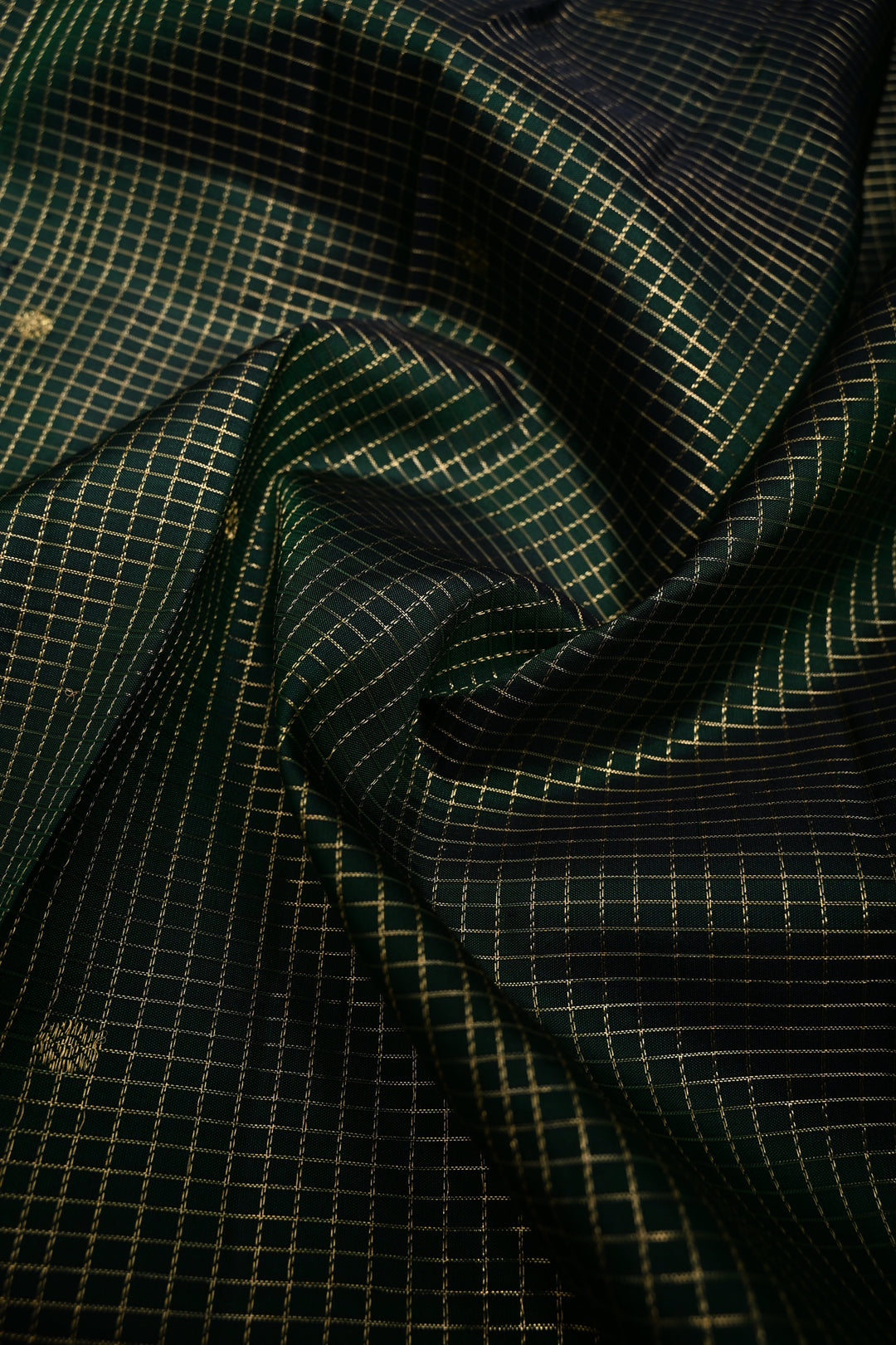 Bottle Green Podi-Kattam Zari Checks Kanjivaram Silk Saree with Zari Buttis and Wide Zari Border | SILK MARK CERTIFIED | SHOBITAM
