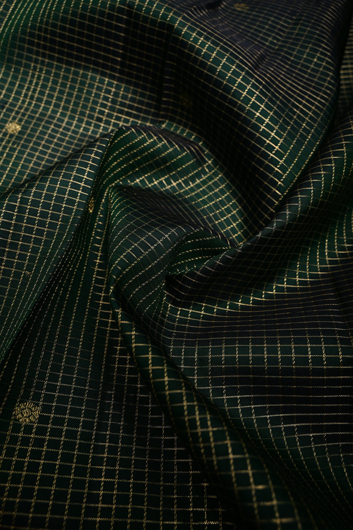 Bottle Green Podi-Kattam Zari Checks Kanjivaram Silk Saree with Zari Buttis and Wide Zari Border | SILK MARK CERTIFIED | SHOBITAM