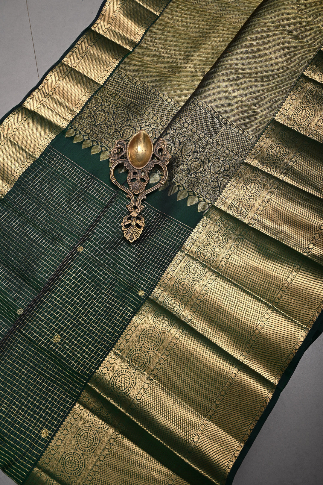 Bottle Green Podi-Kattam Zari Checks Kanjivaram Silk Saree with Zari Buttis and Wide Zari Border | SILK MARK CERTIFIED | SHOBITAM