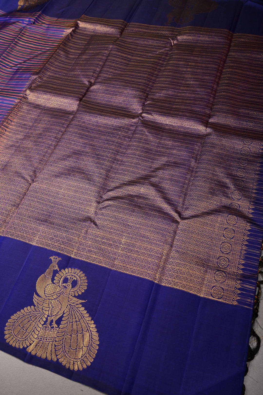 Multicolor Pure Kanjivaram Silk Handloom Saree with Horizontal Stripes and Distinct Twin Peacock Zari Motifs on Border  | SILK MARK CERTIFIED | SHOBITAM