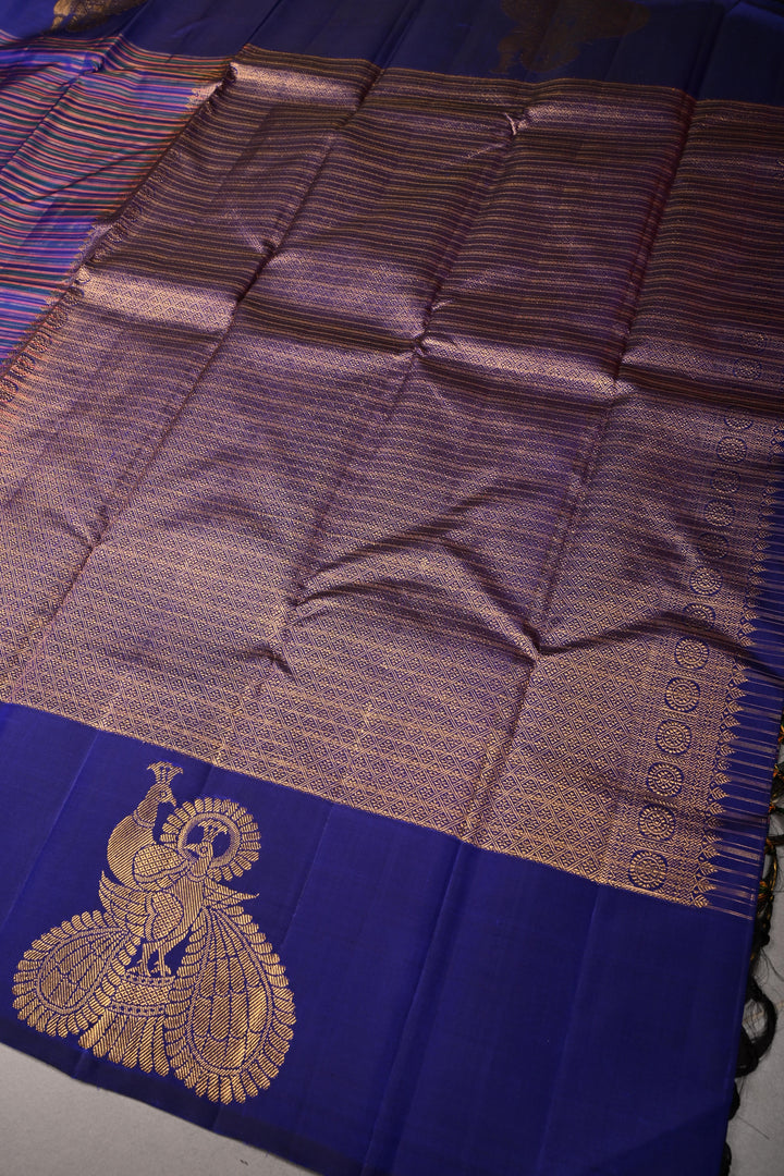 Multicolor Pure Kanjivaram Silk Handloom Saree with Horizontal Stripes and Distinct Twin Peacock Zari Motifs on Border  | SILK MARK CERTIFIED | SHOBITAM