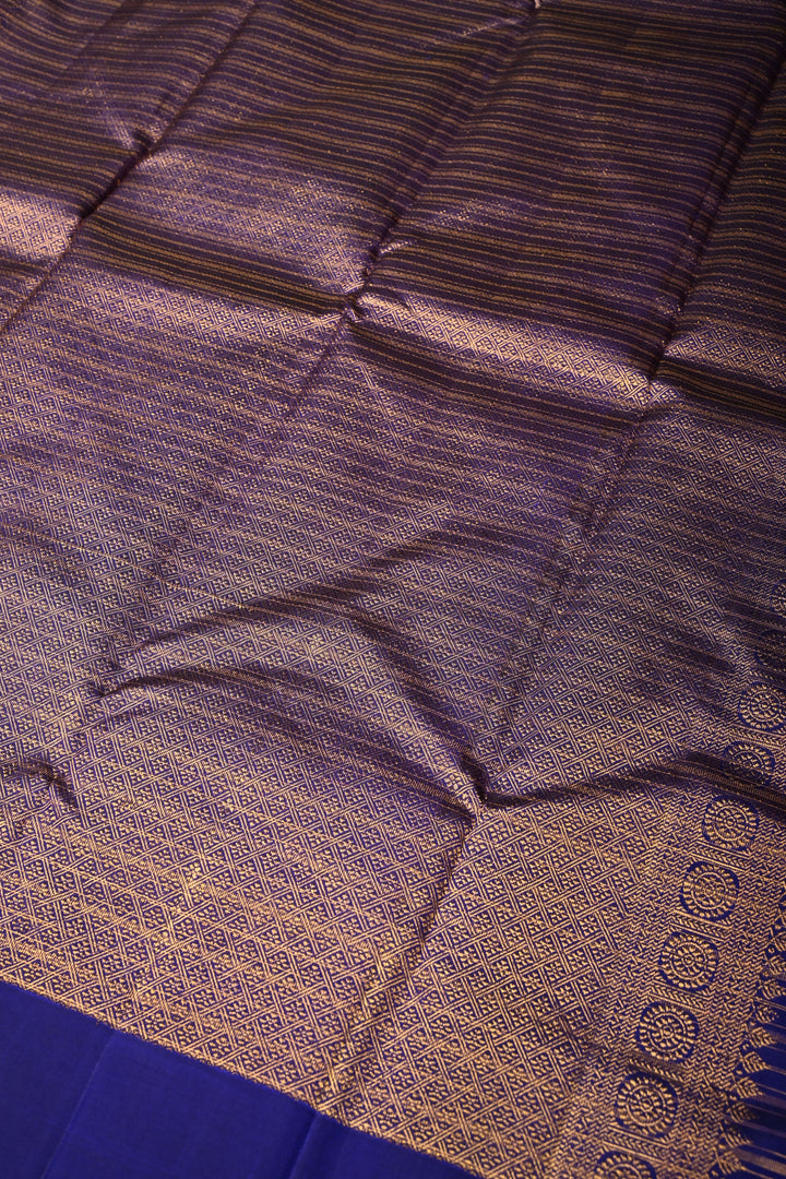 Multicolor Pure Kanjivaram Silk Handloom Saree with Horizontal Stripes and Distinct Twin Peacock Zari Motifs on Border  | SILK MARK CERTIFIED | SHOBITAM