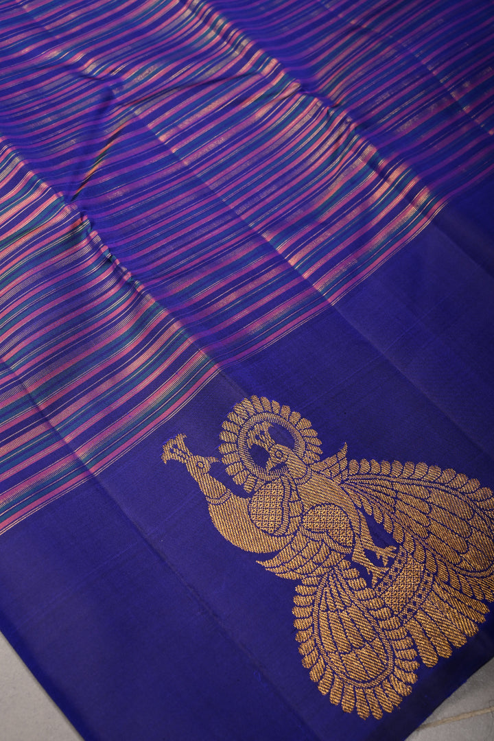 Multicolor Pure Kanjivaram Silk Handloom Saree with Horizontal Stripes and Distinct Twin Peacock Zari Motifs on Border  | SILK MARK CERTIFIED | SHOBITAM