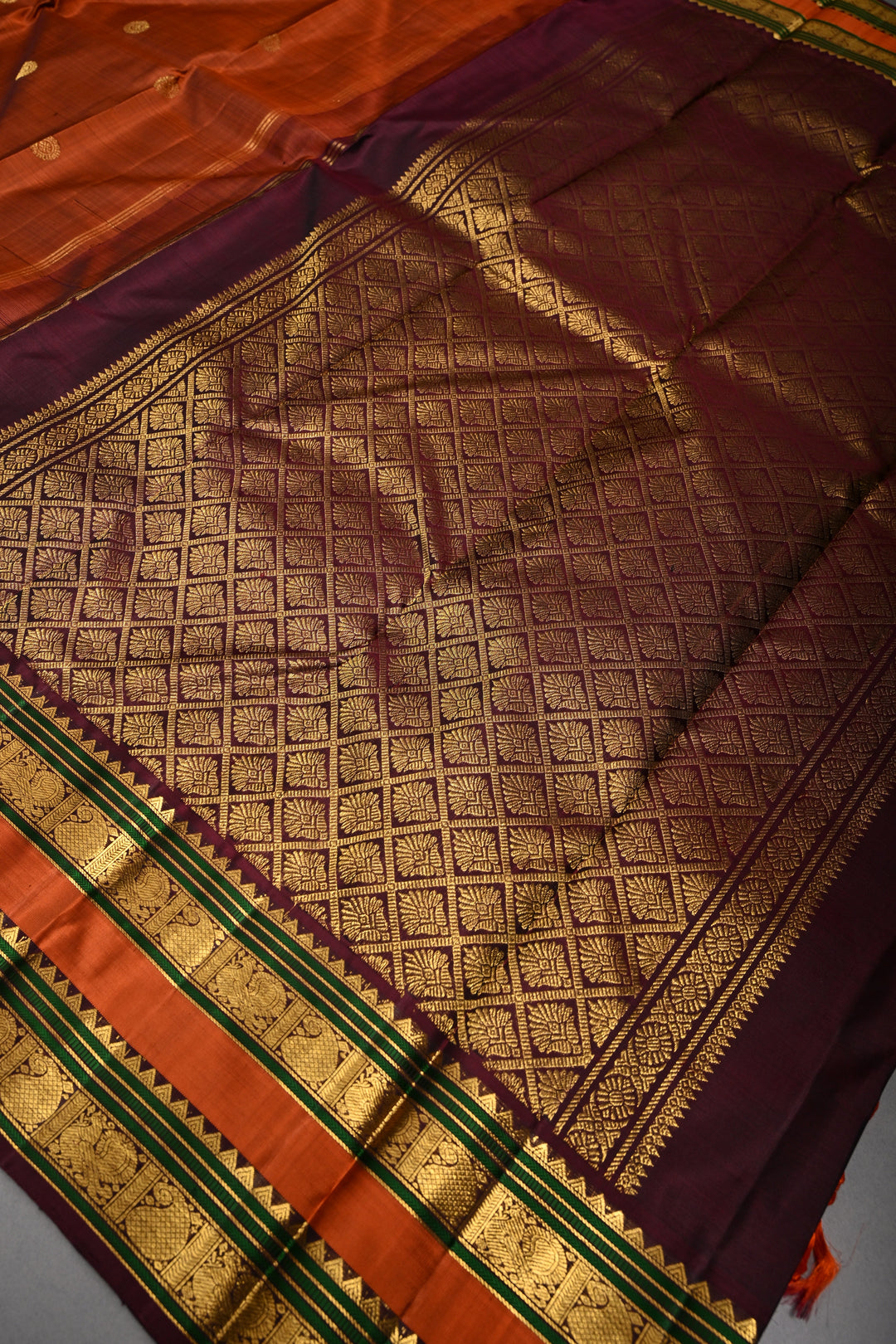 Rust Orange Kanjivaram Pure Silk Saree with Zari Buttas and Rettaipet Zari Border | SILK MARK CERTIFIED