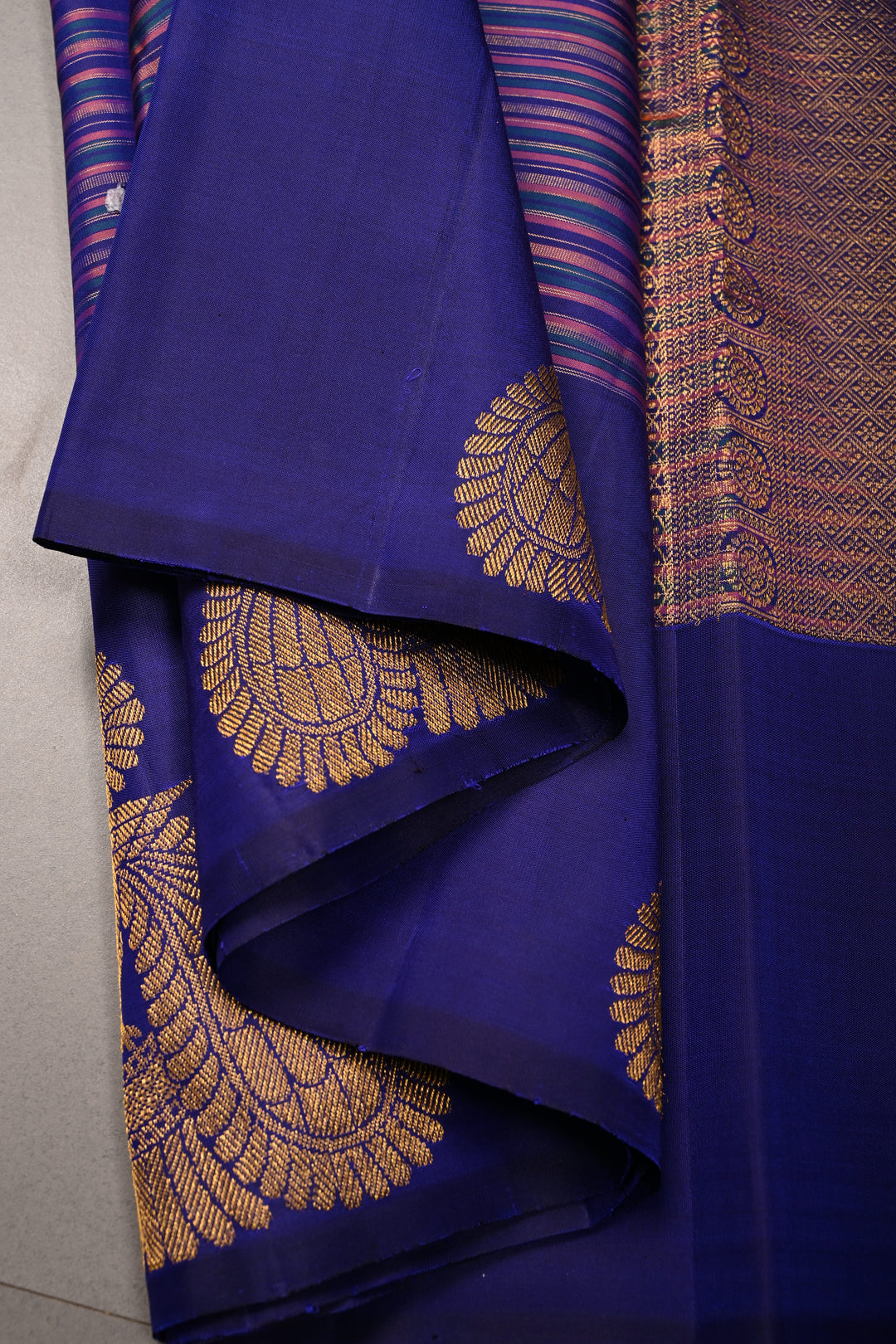 Multicolor Pure Kanjivaram Silk Handloom Saree with Horizontal Stripes and Distinct Twin Peacock Zari Motifs on Border  | SILK MARK CERTIFIED | SHOBITAM