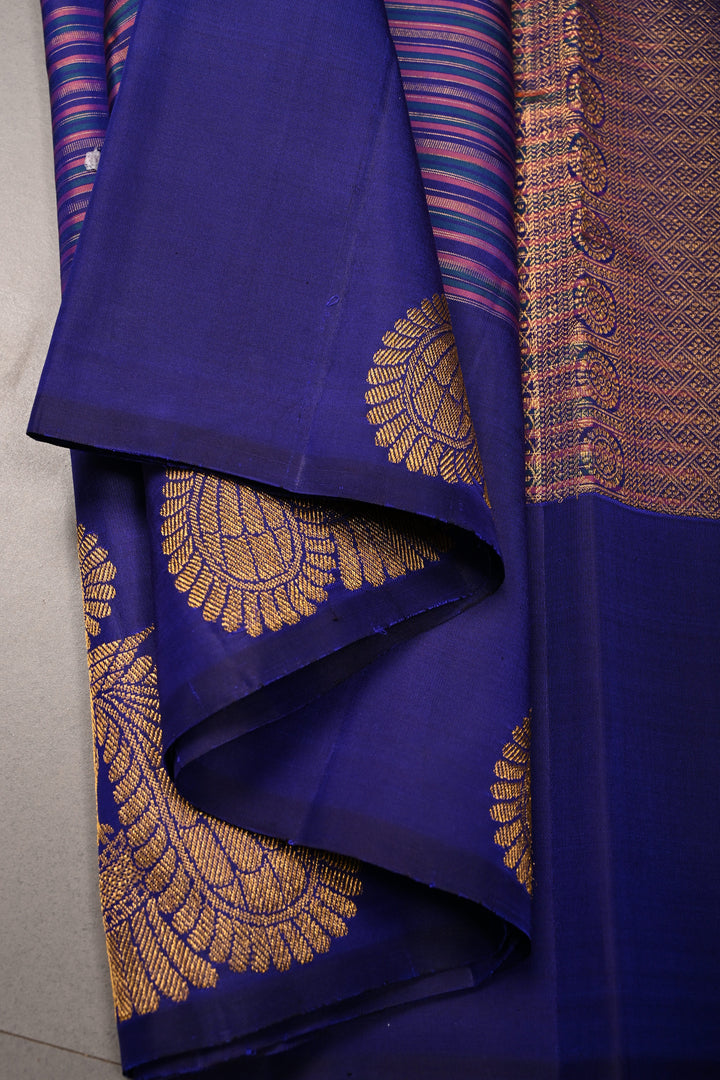 Multicolor Pure Kanjivaram Silk Handloom Saree with Horizontal Stripes and Distinct Twin Peacock Zari Motifs on Border  | SILK MARK CERTIFIED | SHOBITAM