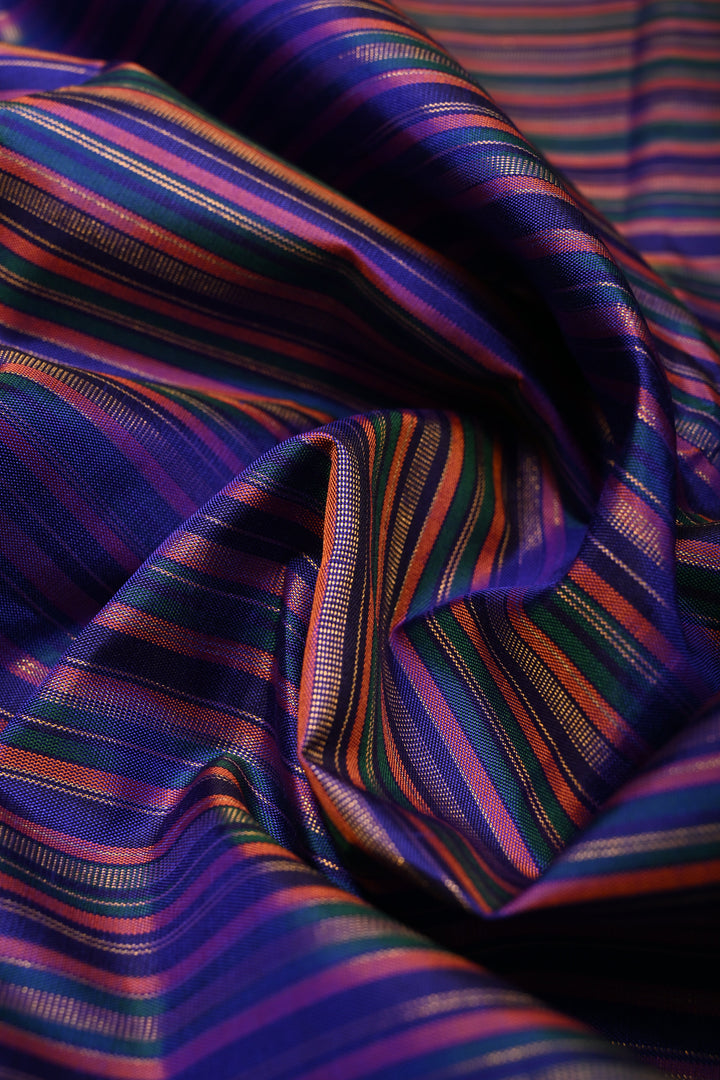 Multicolor Pure Kanjivaram Silk Handloom Saree with Horizontal Stripes and Distinct Twin Peacock Zari Motifs on Border  | SILK MARK CERTIFIED | SHOBITAM