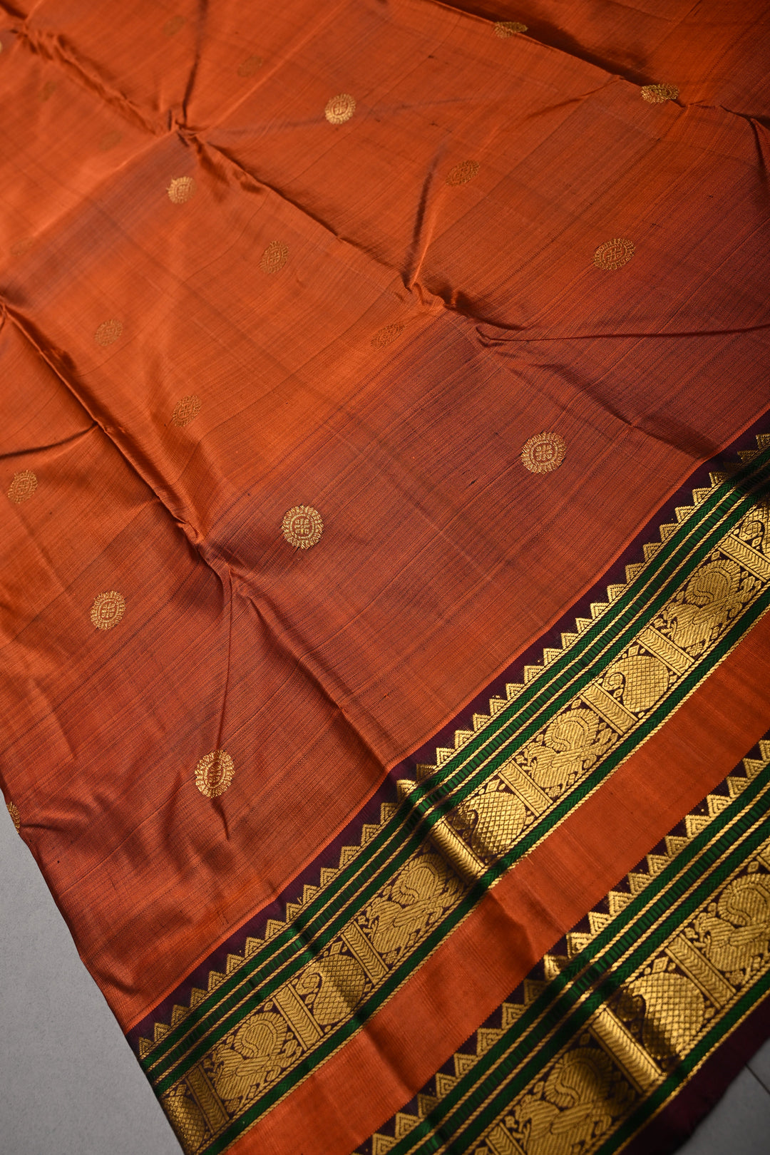 Rust Orange Kanjivaram Pure Silk Saree with Zari Buttas and Rettaipet Zari Border | SILK MARK CERTIFIED