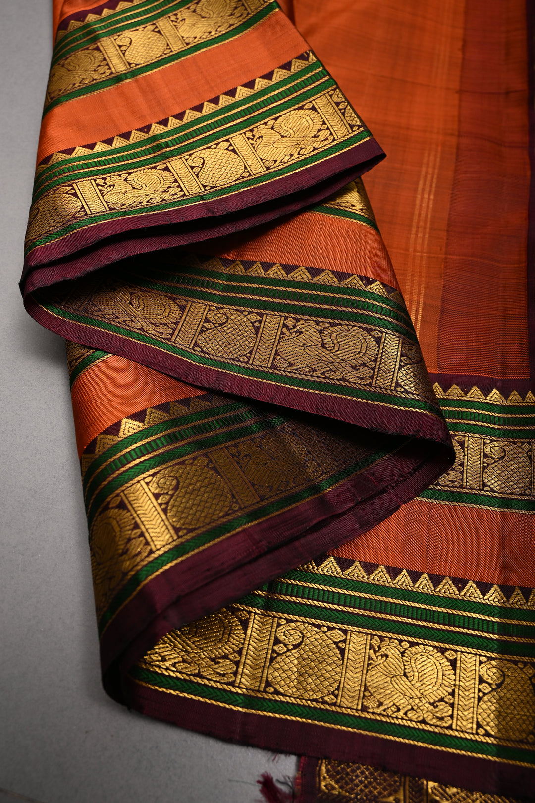 Rust Orange Kanjivaram Pure Silk Saree with Zari Buttas and Rettaipet Zari Border | SILK MARK CERTIFIED