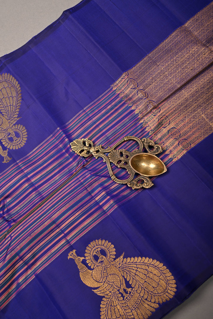 Multicolor Pure Kanjivaram Silk Handloom Saree with Horizontal Stripes and Distinct Twin Peacock Zari Motifs on Border  | SILK MARK CERTIFIED | SHOBITAM