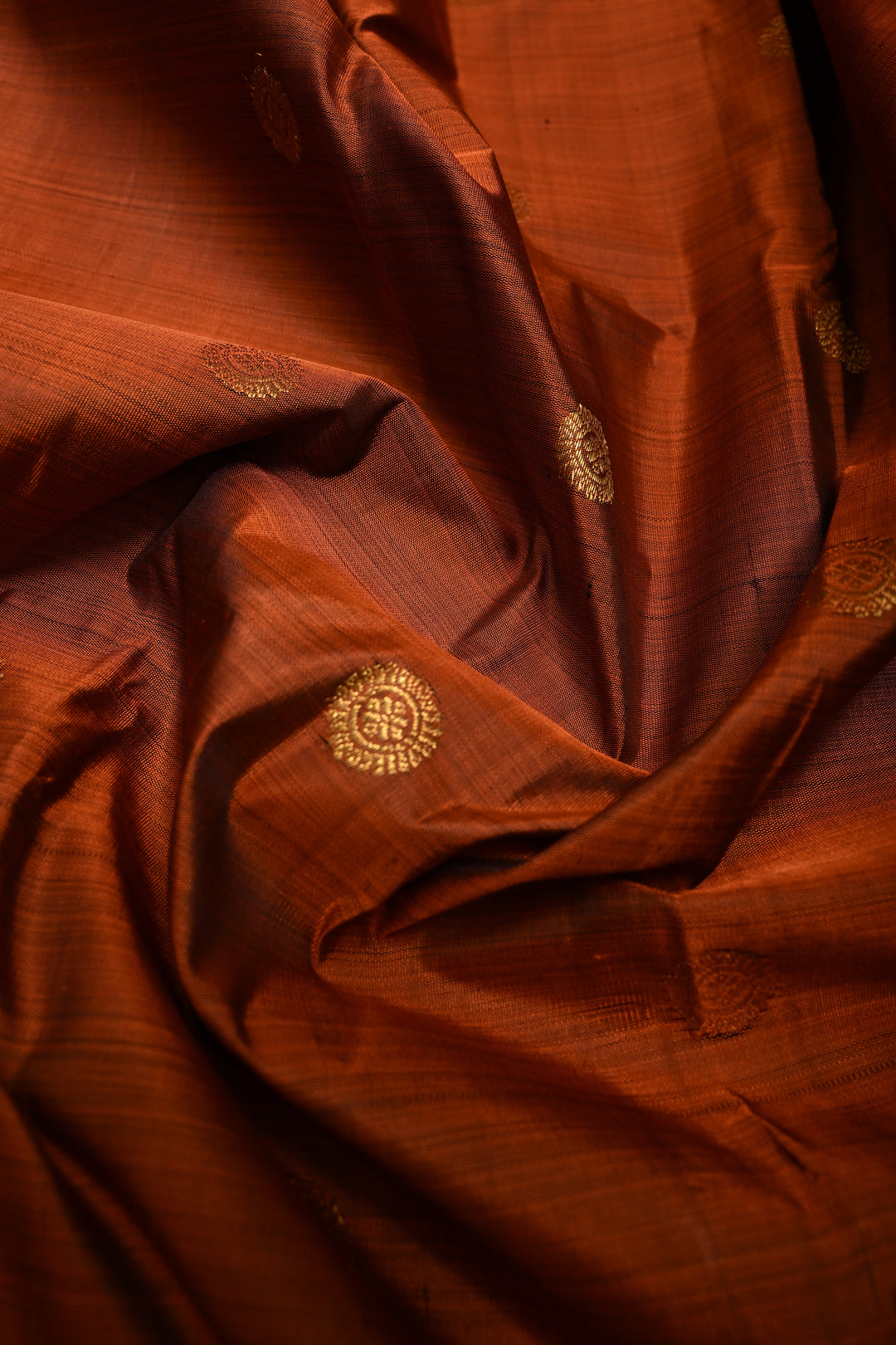 Rust Orange Kanjivaram Pure Silk Saree with Zari Buttas and Rettaipet Zari Border | SILK MARK CERTIFIED