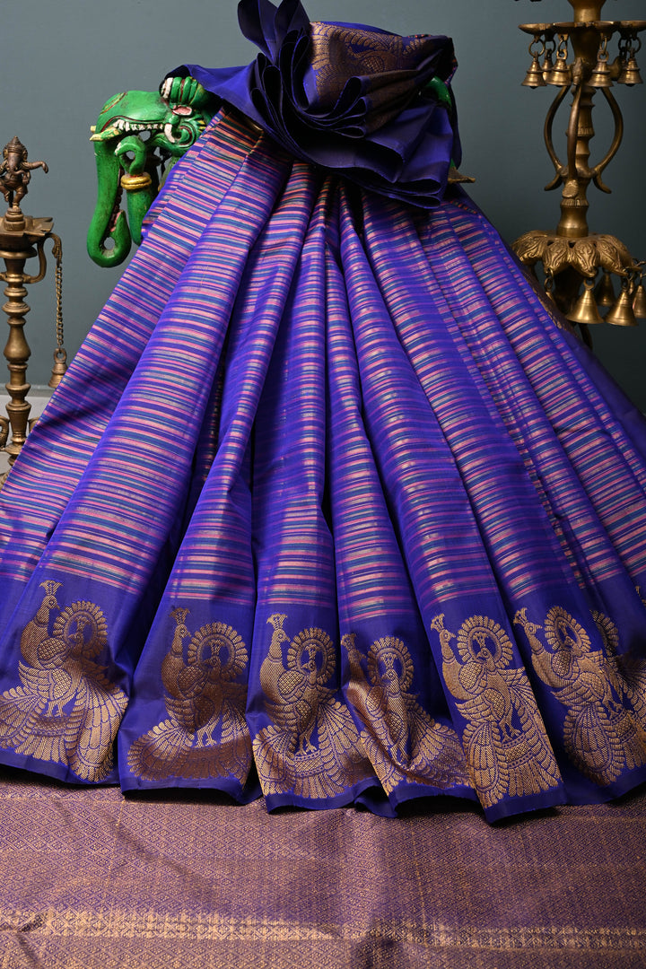 Multicolor Pure Kanjivaram Silk Handloom Saree with Horizontal Stripes and Distinct Twin Peacock Zari Motifs on Border  | SILK MARK CERTIFIED | SHOBITAM