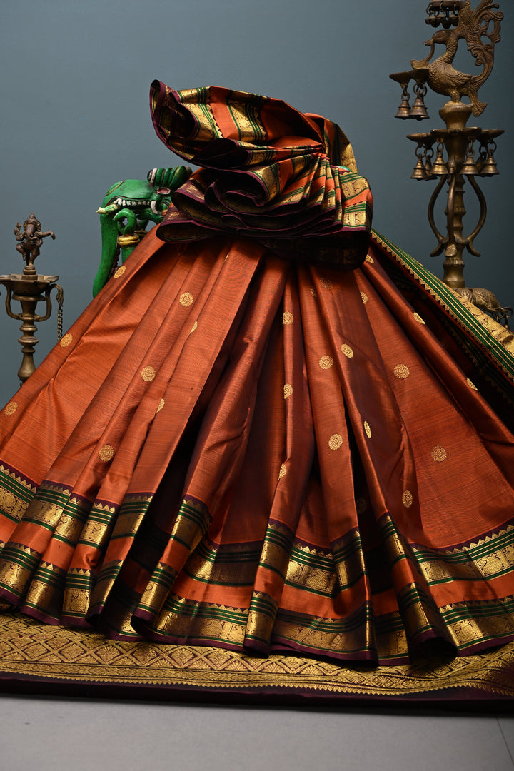 Rust Orange Kanjivaram Pure Silk Saree with Zari Buttas and Rettaipet Zari Border | SILK MARK CERTIFIED
