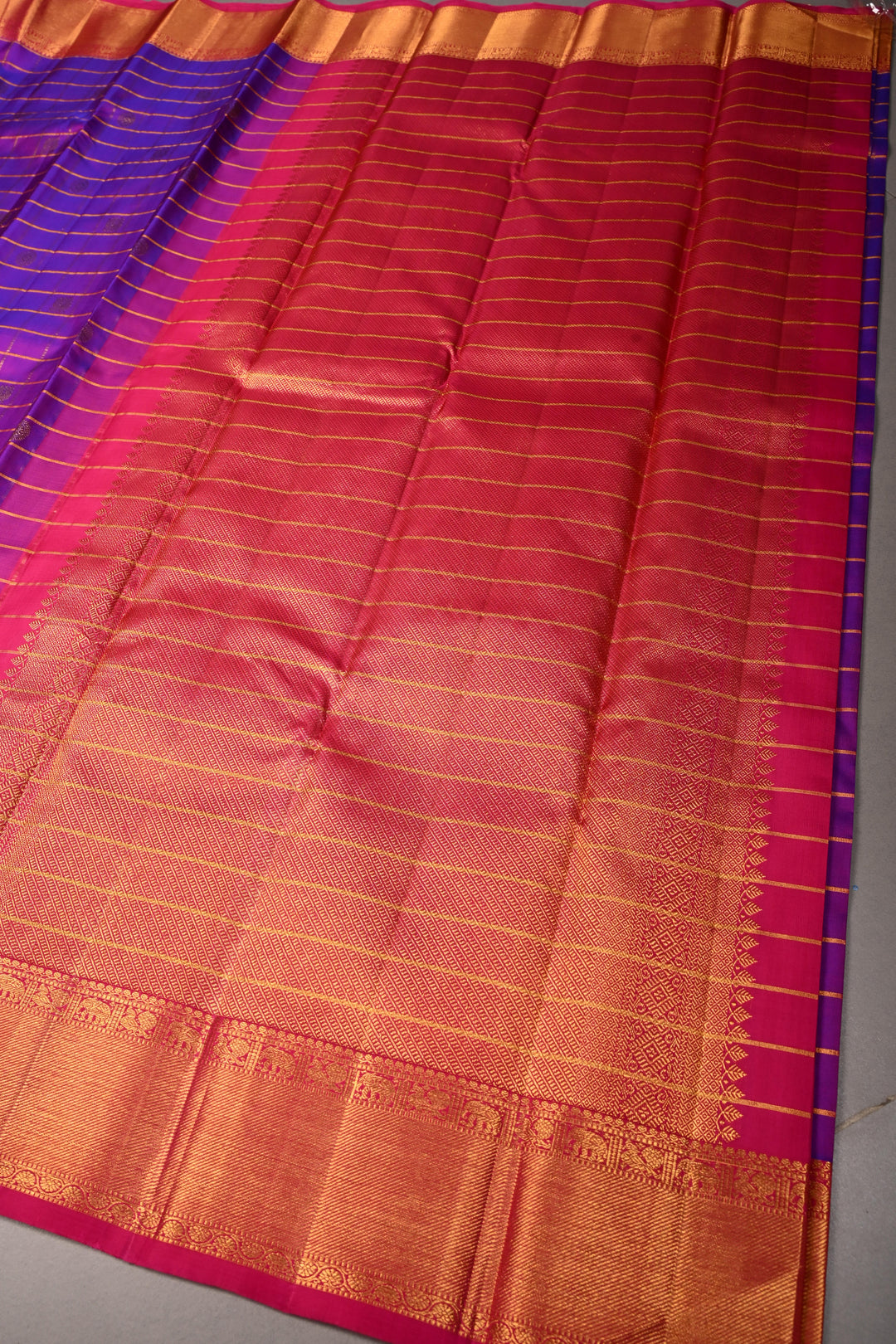 Purple Dual Tone Zari Checks on Pure Kanjivaram Silk Saree with Zari Buttas and Contrast Zari Border | SILK MARK CERTIFIED | SHOBITAM