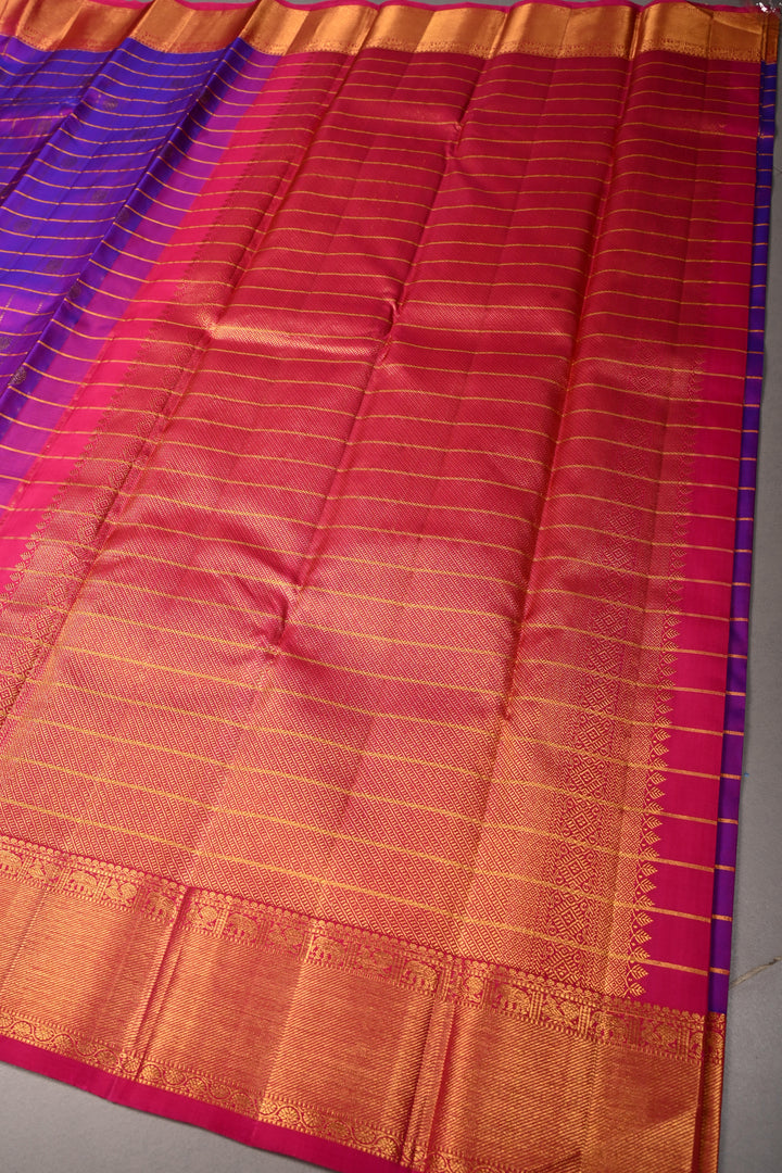 Purple Dual Tone Zari Checks on Pure Kanjivaram Silk Saree with Zari Buttas and Contrast Zari Border | SILK MARK CERTIFIED | SHOBITAM