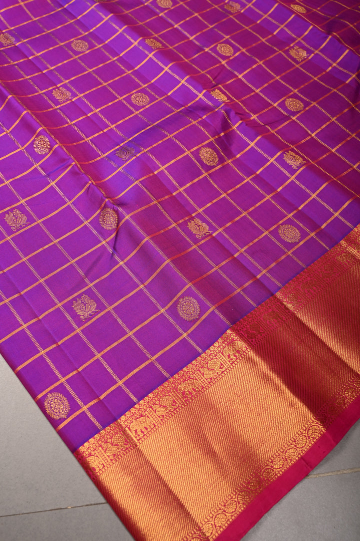 Purple Dual Tone Zari Checks on Pure Kanjivaram Silk Saree with Zari Buttas and Contrast Zari Border | SILK MARK CERTIFIED | SHOBITAM