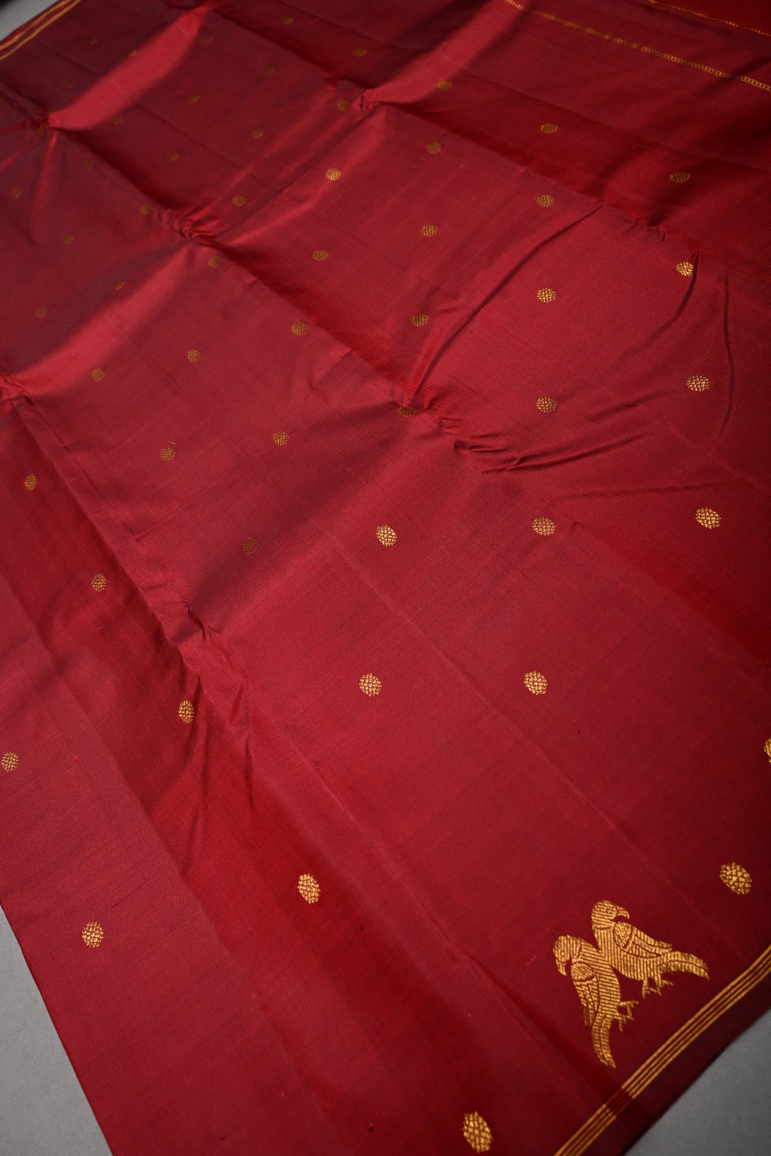 Maroon Kanjivaram Pure Silk Saree with Zari Buttis and Distinct Twin Parrot Motifs on Border | SILK MARK CERTIFIED