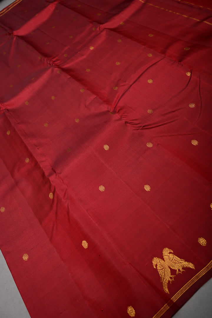 Maroon Kanjivaram Pure Silk Saree with Zari Buttis and Distinct Twin Parrot Motifs on Border | SILK MARK CERTIFIED
