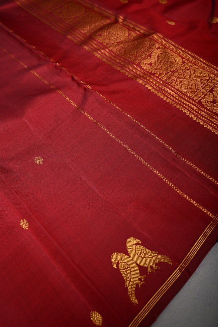 Maroon Kanjivaram Pure Silk Saree with Zari Buttis and Distinct Twin Parrot Motifs on Border | SILK MARK CERTIFIED