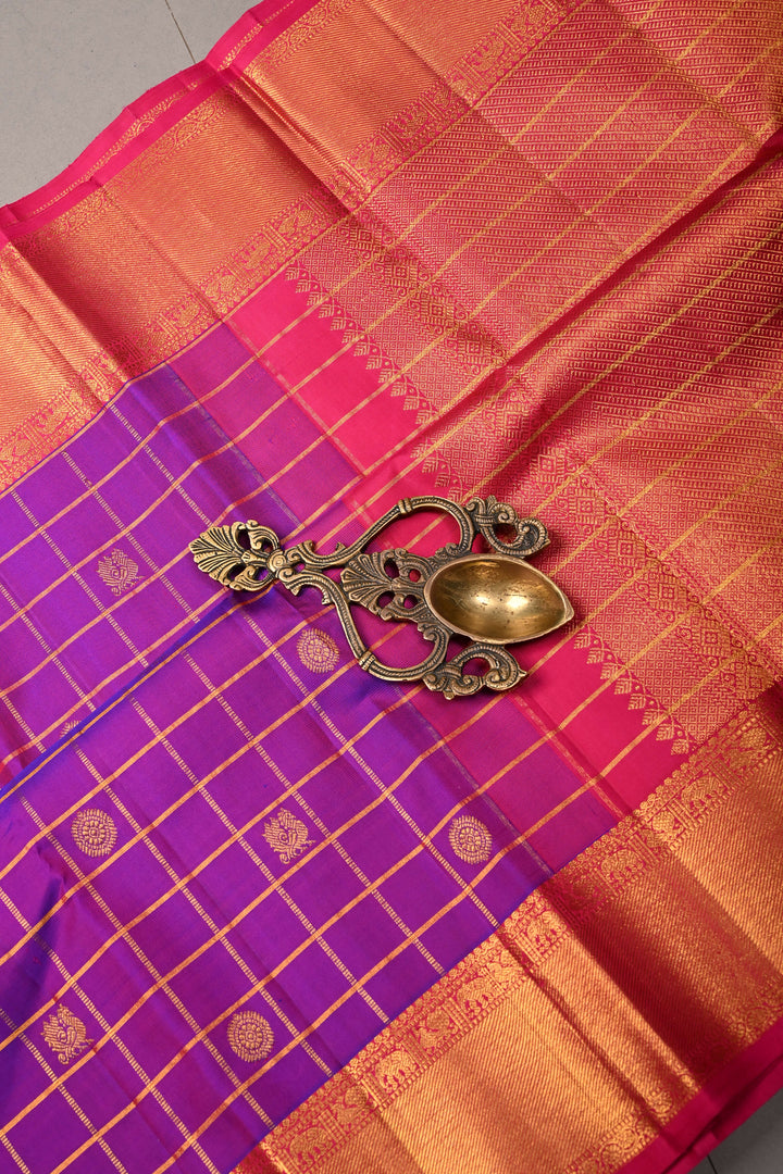 Purple Dual Tone Zari Checks on Pure Kanjivaram Silk Saree with Zari Buttas and Contrast Zari Border | SILK MARK CERTIFIED | SHOBITAM