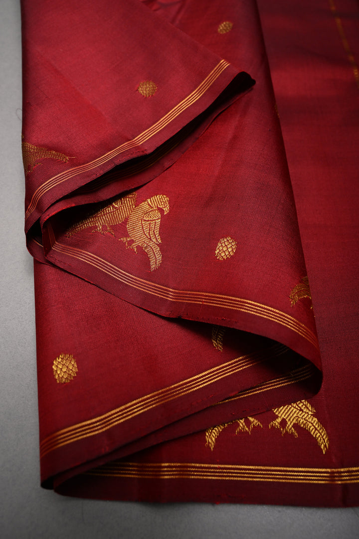 Maroon Kanjivaram Pure Silk Saree with Zari Buttis and Distinct Twin Parrot Motifs on Border | SILK MARK CERTIFIED