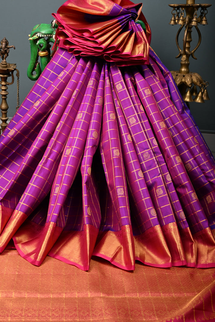 Purple Dual Tone Zari Checks on Pure Kanjivaram Silk Saree with Zari Buttas and Contrast Zari Border | SILK MARK CERTIFIED | SHOBITAM